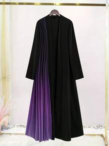Al Najma Casaco feminino de manga comprida plissada, elegante e confortável, com ombré, frente aberta, modesto, abaya, robe abaya de frente aberta
