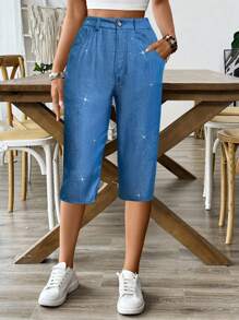 SHEIN LUNE Women's Denim Effect Silver Coated Capri Pants - Blue - View 6