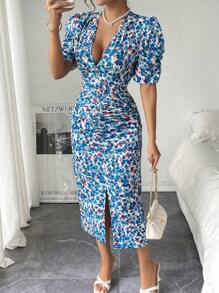 Chiquease Đầm hoa thanh lịch cổ chữ V khoét sâu mùa xuân/hè dành cho nữ - Nhiều màu - Xem 5