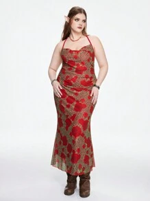 ROMWE Vestido con estampado de leopardo y cuello redondo de talla grande con falda acampanada - Rosa Roja - Ver 5