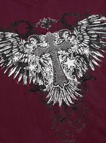 ROMWE Fairycore 女士純色十字V領短袖上衣，適用於日常休閒場合 - 酒紅色 - 查看 3