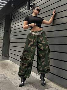 Flirla 大碼時尚迷彩印花寬褲，帶口袋 - 彩色 - 查看 4