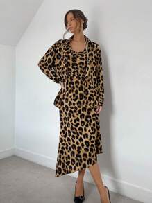 SHEIN Essnce 2pcs Women Leopard Print Shirt & Dress Suit Set, Autumn Outfit, Female Apparel, Leopard Pattern Clothing, 2-Piece Set, Ladies Office Suit, Long Sleeve Shirt, Leopard Print