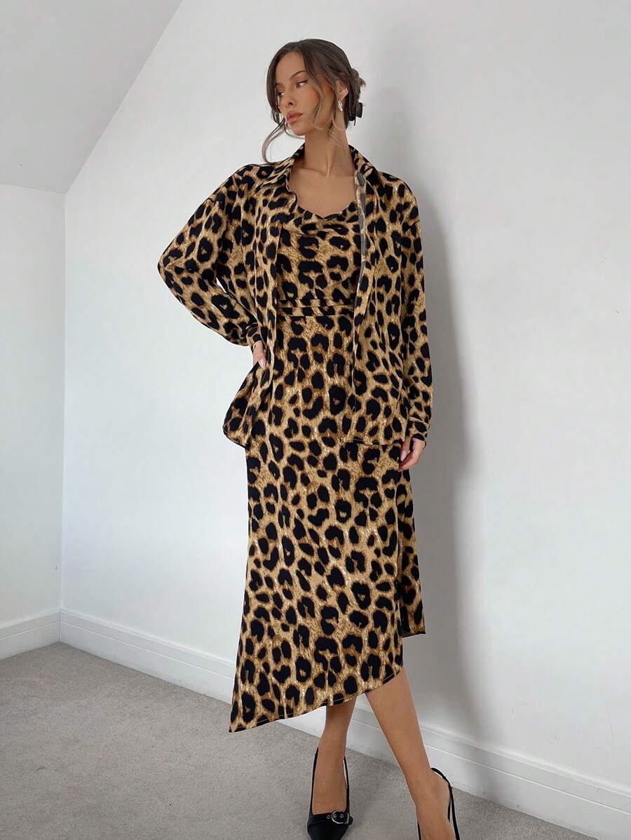 SHEIN Essnce 2pcs Women Leopard Print Shirt & Dress Suit Set, Autumn Outfit, Female Apparel, Leopard Pattern Clothing, 2-Piece Set, Ladies Office Suit, Long Sleeve Shirt, Leopard Print