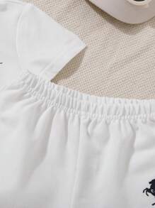 SHEIN Baby Jungen/Mädchen College Stil niedlicher gestrickter Cartoon Farbblock Polo Kurzarm Top und Shorts Set, geeignet für den Sommer