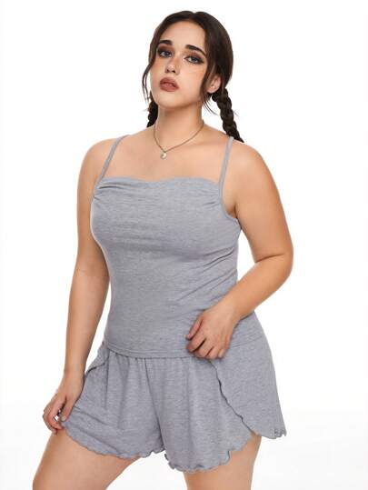 Anime Ensemble de vêtements de maison confortable en modal grande taille, avec bretelles spaghetti, haut croisé dans le dos sans dossier et short décontracté à volants