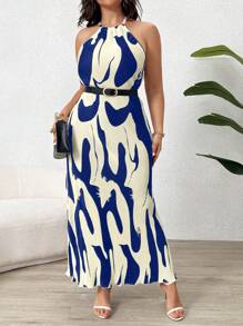 SHEIN Clasi Plus Size Sleeveless Allover Print Dress With Back Buttons, Casual And Vacation Style Maxi Women Outfit - Royal Blue - View 6