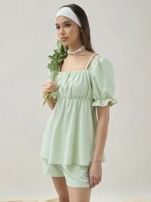 COSMINA Women's Solid Color Puff Sleeve Casual Summer Shirt