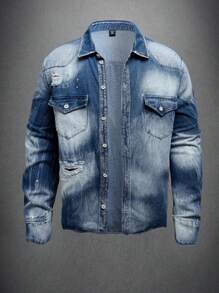 Manfinity Homme Men's Plus Size Light Blue Vintage Loose Casual Shirt - Medium Wash - View 1