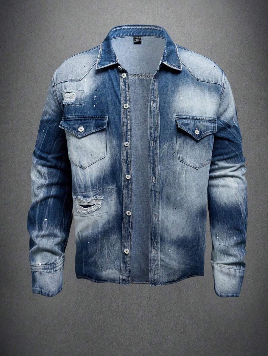 Manfinity Homme Men's Plus Size Light Blue Vintage Loose Casual Shirt - Medium Wash - View 1