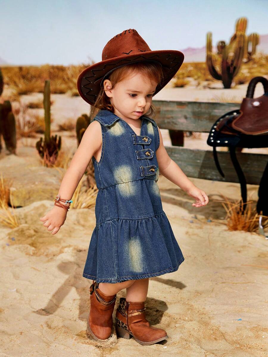 SHEIN Hiệu ứng giặt denim màu xanh đậm của bé gái Phong cách phương Tây của Mỹ Kỳ nghỉ đồng quê Dễ thương Thanh lịch Tuyệt đẹp Trang phục thường ngày hàng ngày, Xuân/Hè - Nhiều màu - Xem 1