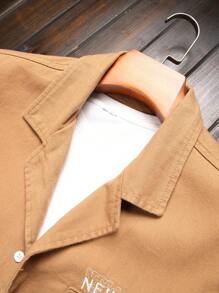 Manfinity Homme Men's Summer Letter Printed Workwear Short Sleeve Casual Denim Shirt With Pockets