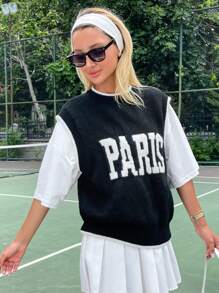 EURMUSE Women Paris Texted Brushed Yarn Sweater West - Black and White - View 7