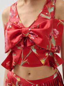 COSMINA Women's Sleeveless Floral Printed Bow Tie Blouse Top And Pleated Skirt - Multicolor - View 4