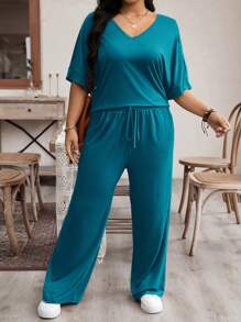 EMERY ROSE Plus Size Spring/Summer Casual Solid Color Batwing Sleeve Loose Fit T-Shirt And Long Pants Set - Blue - View 6