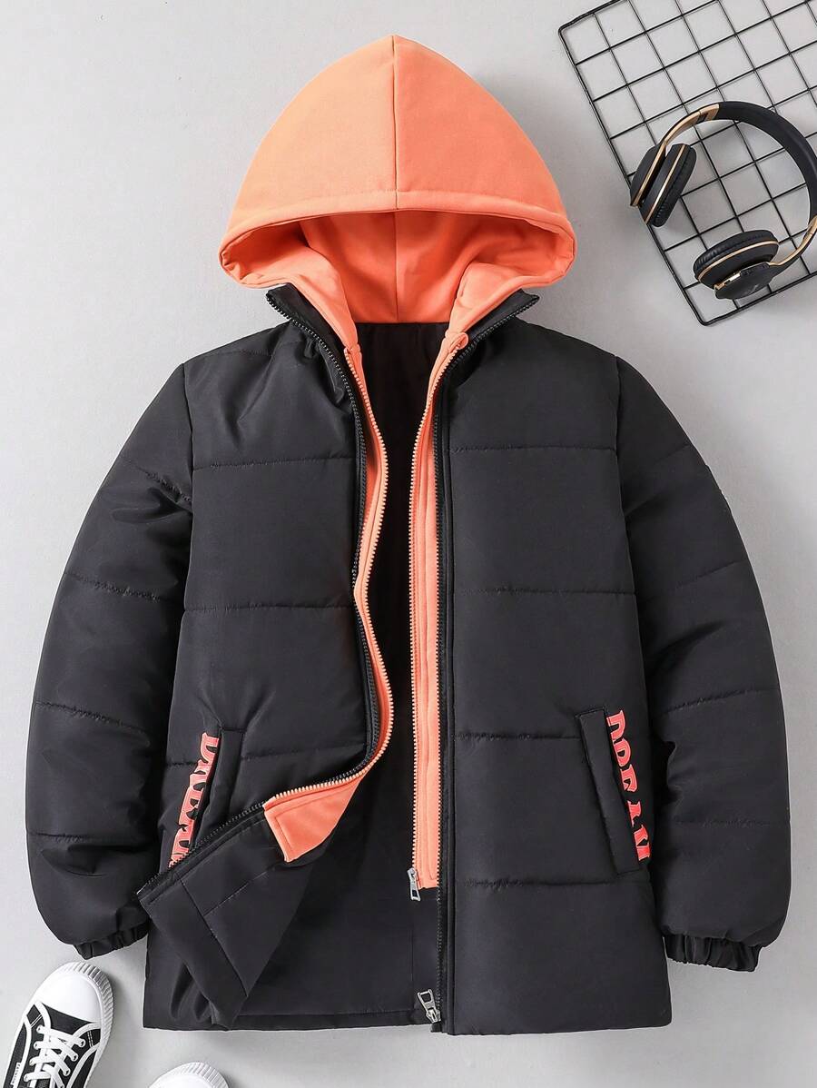 青少年男孩休闲拼色连帽棉服外套，冬季 - 彩色 - 查看 1