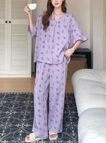 DAZY 花卉印花全袖蕾丝边 V 领上衣和裤子睡衣套装，休闲装 - 紫色 - 查看 5