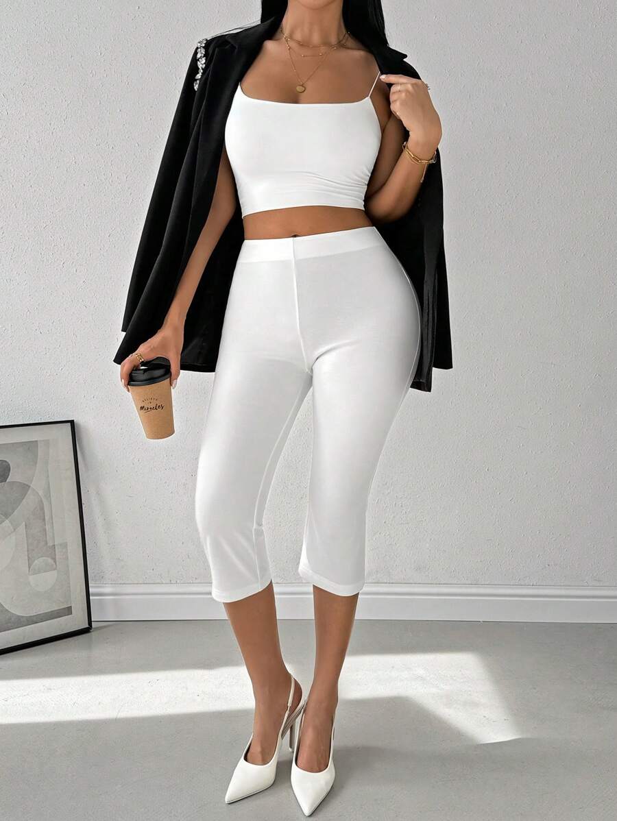 SHEIN Privé Women's Low Waist Capri Flare Pants For Commute, 7/10 Length - White - View 1