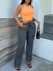 Zolique Camiseta sin mangas de punto redondo corto sin costuras en colores pastel para mujer con cuello redondo, uso diario casual