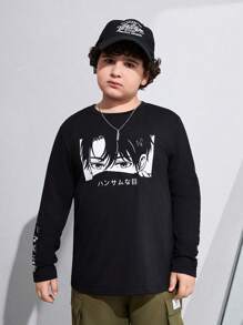 SHEIN Tween Boys加大尺碼卡通字母圖案長袖T恤