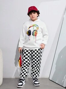SHEIN Tween Boys Extended Size Colorful Headphone Print Casual Fleece Hoodie, Fall/Winter