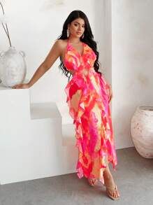 SHEIN SXY Váy có dây đeo spaghetti hở lưng in đầy màu sắc - Nhiều màu - Xem 6