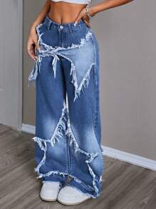 SHEIN EZwear Casual Washed Wide-Leg Baggy Jeans With Star Applique And Frayed Hem - Dark Wash - View 6