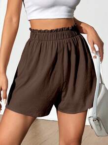 Sunnyshic Dames effen kleur eenvoudige dagelijkse hoge taille bruine short met ruches
