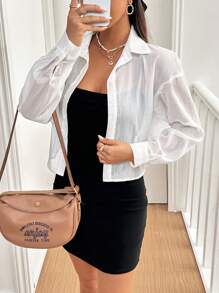 SHEIN Essnce Chemisier d'été à dos ouvert plissé blanc brillant avec nœud, transparent et scintillant avec des perles - Blanc - Voir 7