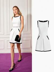 MOTF PREMIUM CONTRAST TRIM RHINESTONE DRESS - Black and White - View 2