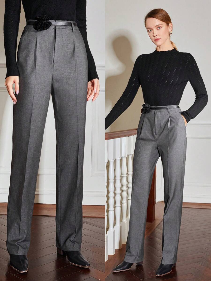 MOTF PREMIUM VISCOSE FLOWER BELTED SUIT TROUSERS