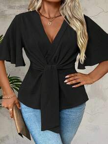 Breezaya Plus Size Vacation Casual Solid Color Bell Sleeve Shirt With Cinched Waist - Black - View 7