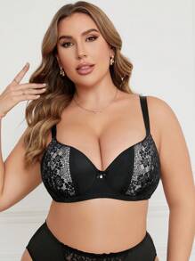 Romantic Lace Splice Push-Up Bra With Underwire And Side Support For Plus Size Women, 1pc - Black - View 5