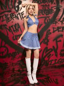 SHEIN X KeniaOs SHEIN ICON Striped Print Backless Halter Top & Pleated Skirt - Blue - View 4