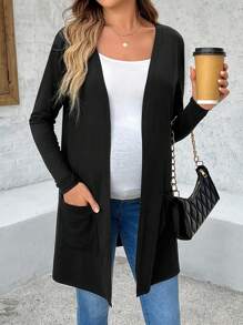 SHEIN 孕妇纯色长袖口袋开衫，孕妇简单休闲日常穿着 - 黑色 - 查看 3