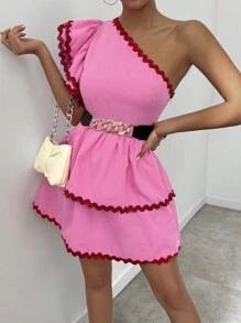Chiquease Colorblock Border Trim Wave Hem One Shoulder Dress, Casual Vacation - Pink - View 6
