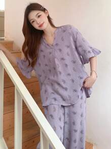 DAZY 花卉印花全袖蕾丝边 V 领上衣和裤子睡衣套装，休闲装 - 紫色 - 查看 6