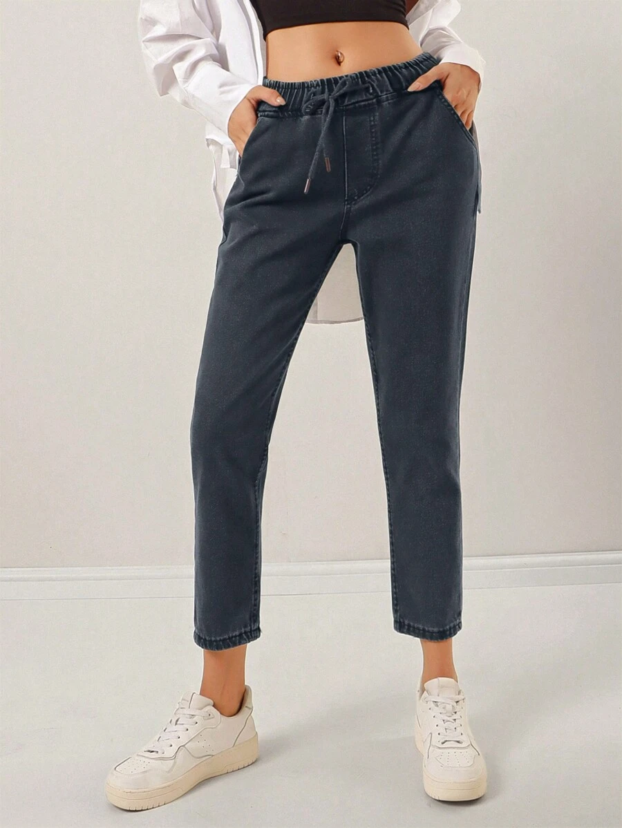 EURMUSE 休闲抽绳腰部锥形牛仔裤，具有水洗效果 - 灰色 - 查看 1