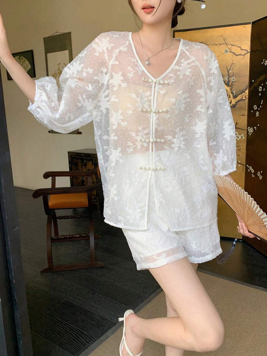 EastFlair 風提花扣釦休閒上衣和短褲套裝