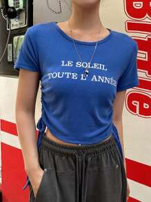 DAZY Women's Letter Printed Drawstring Short Sleeve T-Shirt,Crop Tops Women,Graphic Tees Preppy Tops - Royal Blue - View 3