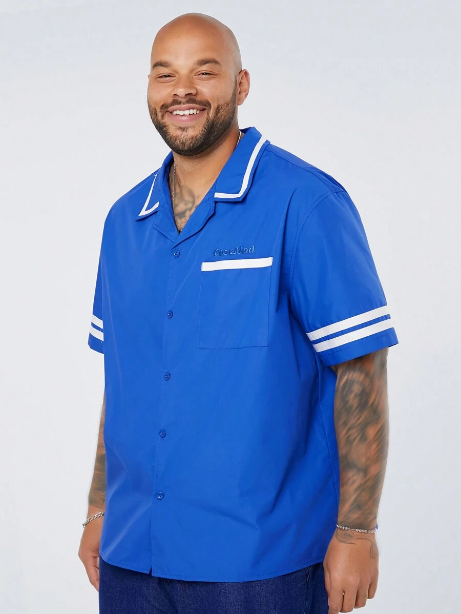 Manfinity VCAY Men's Plus Size Casual Woven Letter Printed Turn-Down Collar Short Sleeve Shirt, Suitable For Summer And Daily Wear - Blue - View 1