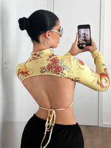 SHEIN ICON Áo thun cổ đứng hở lưng lưng dài in họa tiết Y2K hình rồng mùa thu hở lưng - Màu vàng - Xem 6