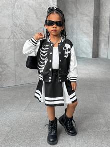 SHEIN Young Girl 2pcs Halloween Outfit , Skull Print Baseball Jacket And Pleated Color Block Mini Skirt Suit, Suitable For Costume Play - Black - View 1