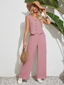 SHEIN Frenchy Women's Solid Color Simple Daily Wear Sleeveless Top And Long Pants Vacation 2pcs Set