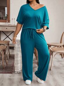 EMERY ROSE Plus Size Spring/Summer Casual Solid Color Batwing Sleeve Loose Fit T-Shirt And Long Pants Set - Blue - View 4
