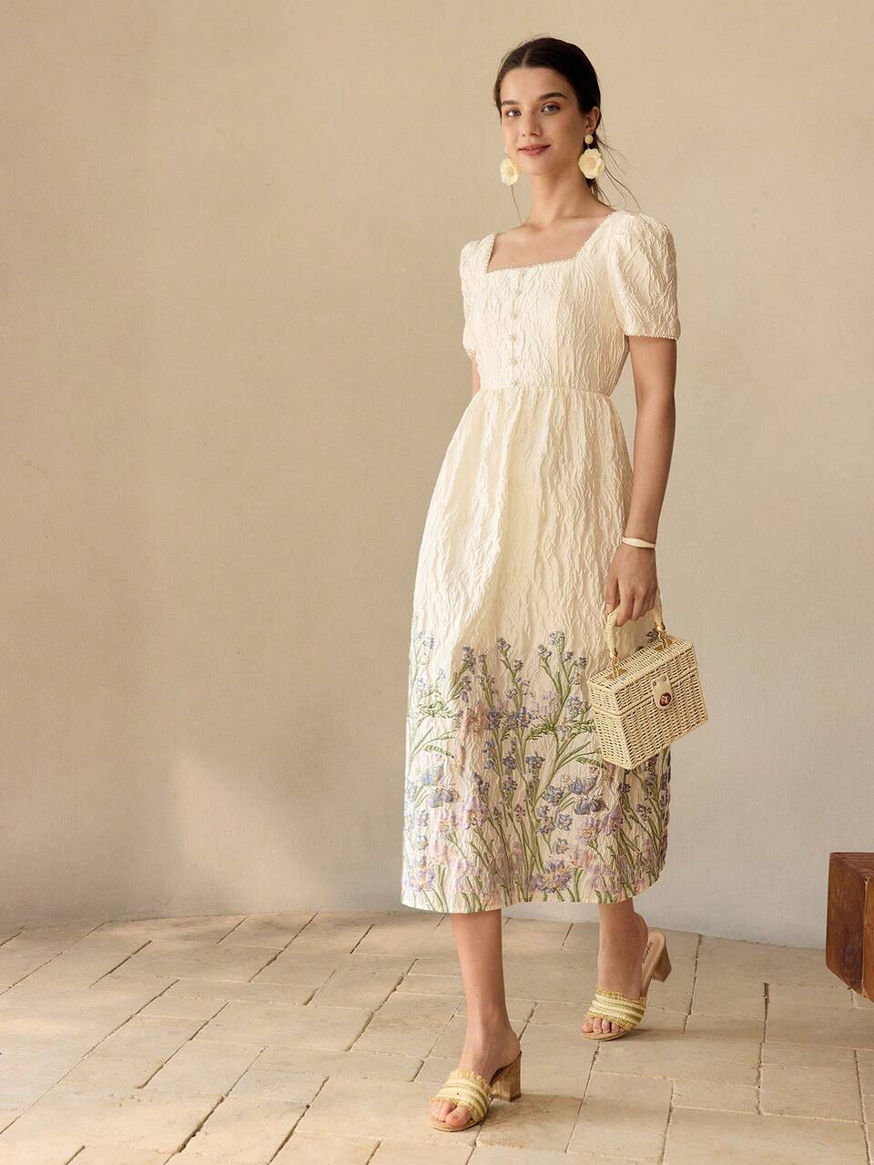 MOTF FLORAL EMBROIDERY TEXTURED DRESS