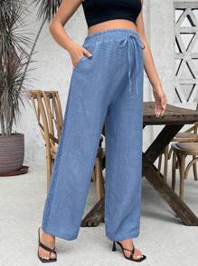 SHEIN 孕婦純色簡約風日常系綁帶腰口袋褲 - 藍色 - 查看 1