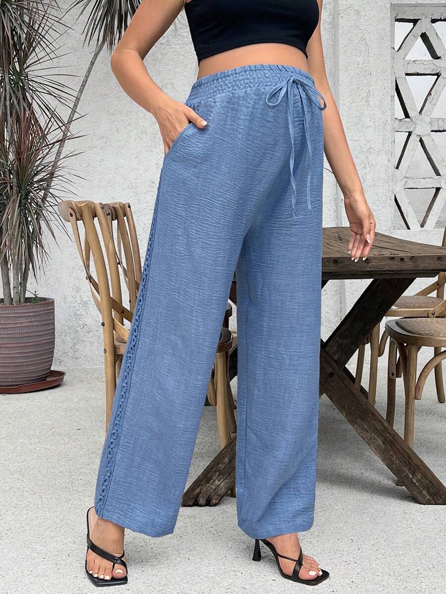 SHEIN 孕婦純色簡約風日常系綁帶腰口袋褲 - 藍色 - 查看 1