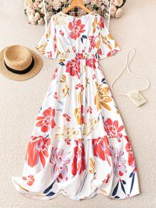 Breezaya Women's French Floral Printed Ruffled Short Sleeve Round Neck Dress Maxi Vacation Beach Outfit - Multicolor - View 4