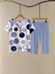 EMERY ROSE 2pcs Casual Polka Dot Circle Pattern Round Neck Short Sleeve T-Shirt & Tight 3/4 Pants Set, Suitable For Plus Size In Summer - Blue - View 7